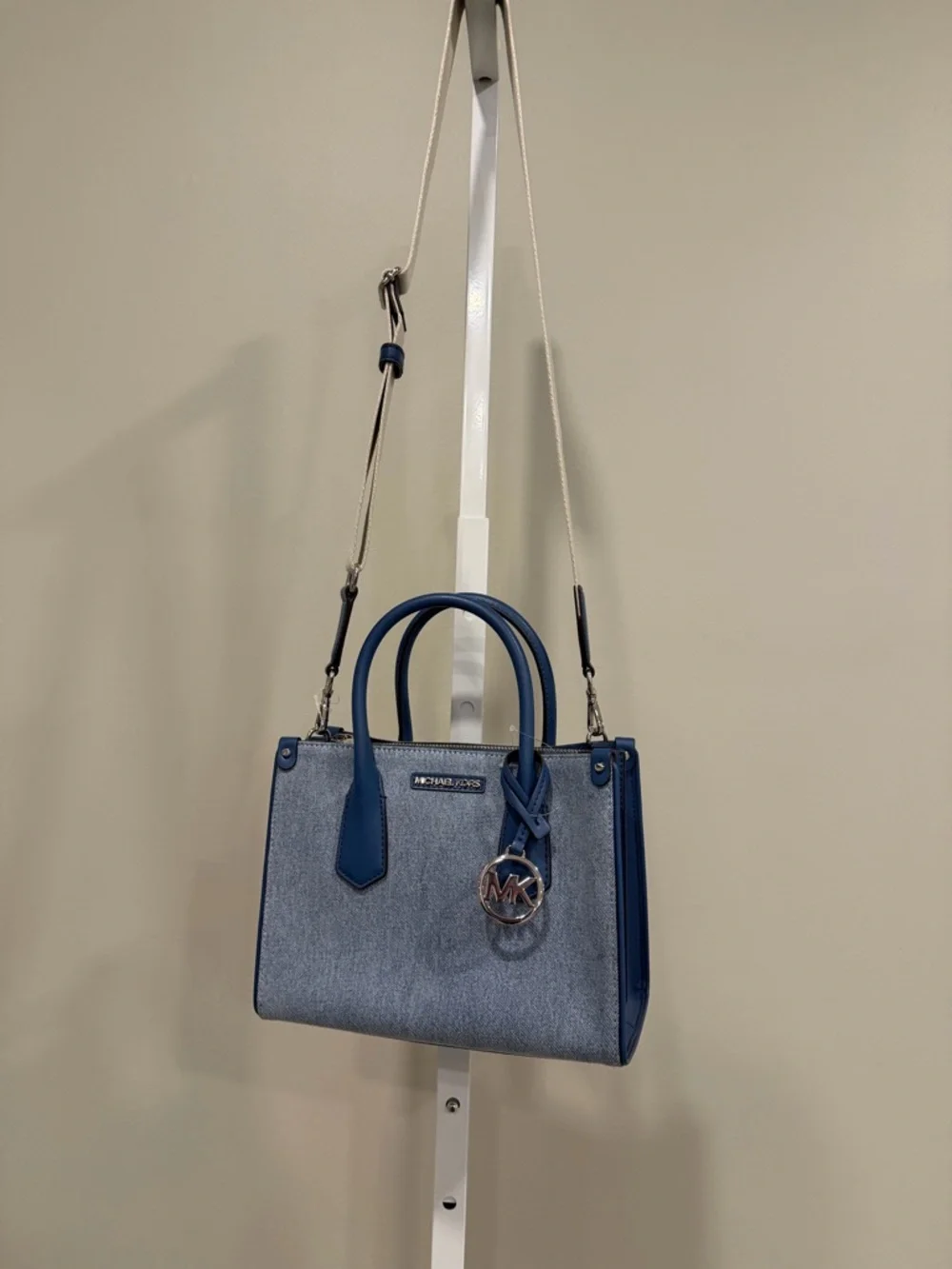 Michael Kors Denim Satchel with Blue Trim and Logo Charm